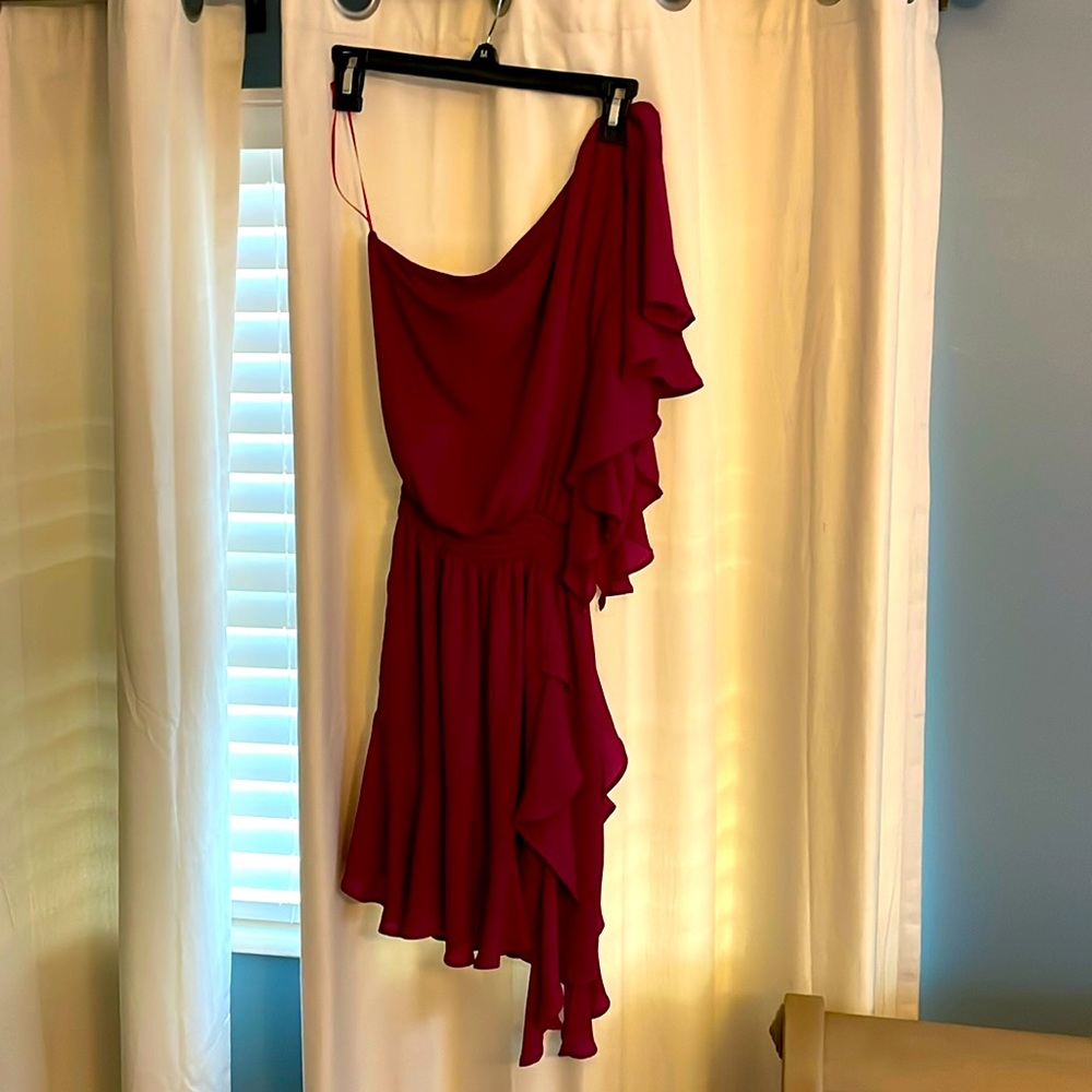 One shoulder Krisa ruffle dress in burgundy, size small